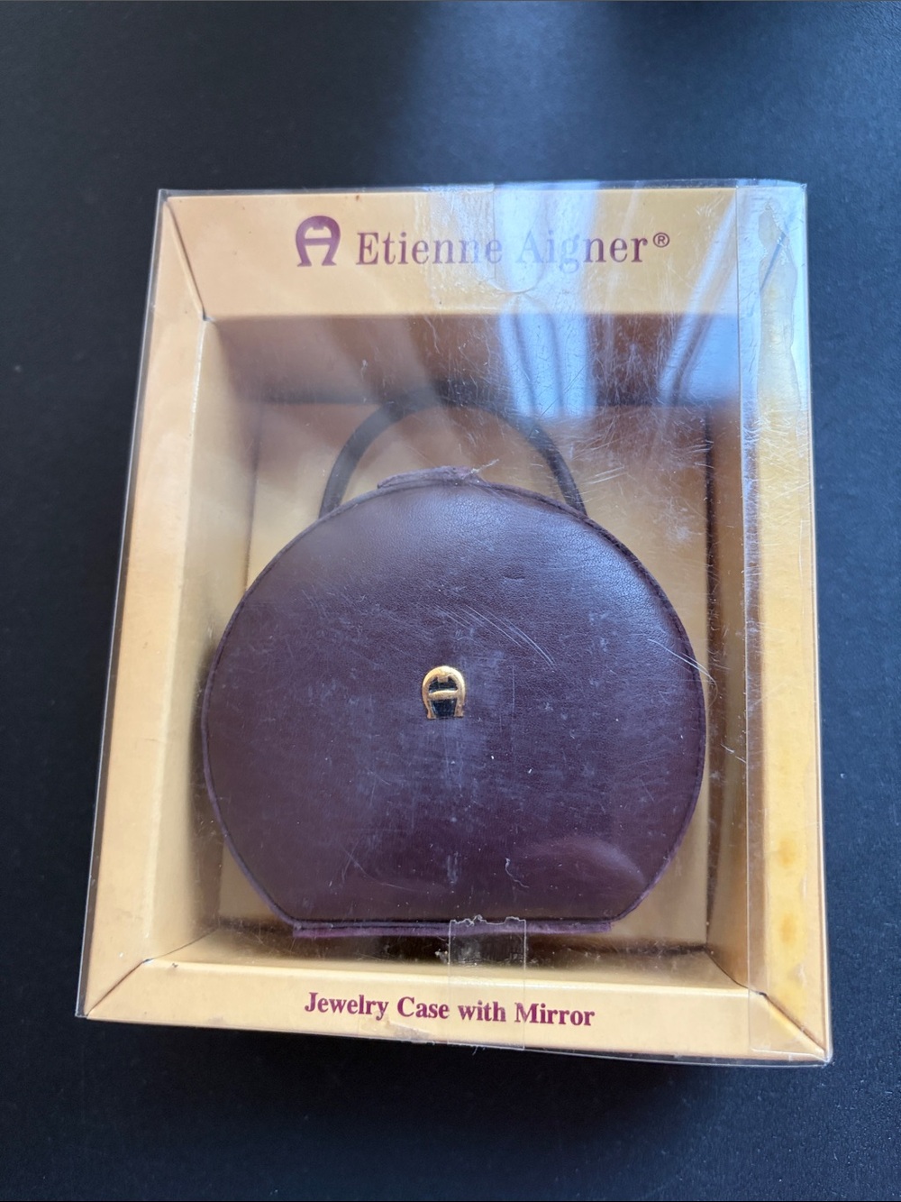 Etienne Aigner Dark Brown Round Jewelry Case with Gold Accent